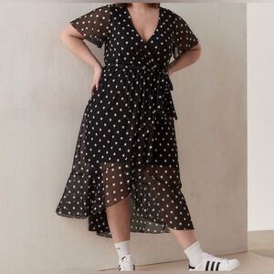 Addition Elle Women Dress Size X Black White Polka Dot Fluter Sleeve Faux Wrap